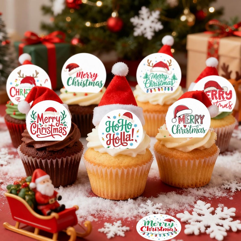 Fyeoxle 36PCS Edible Christmas Hat Cupcake Toppers Wafer Paper Merry Christmas HoHoHo Cupcake Picks for Holiday Theme Christmas Party Baby Shower Birthday Supplies - Image 5